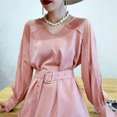 Minimalist Loose Belted V- neck Satin Long Sleeve Midi Dress - FashionByTeresa